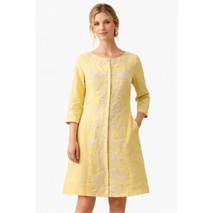 Plenty by Anthropologie embroidered lemon yellow linen cotton shift dress 6
